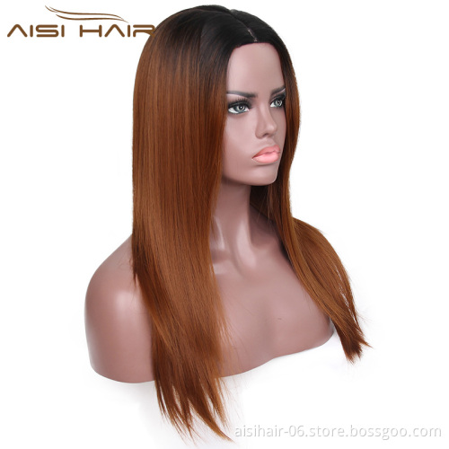Aisi Hair Top Selling Long Silky Straight Wave Wigs For Black Women Ombre Brown Color Synthetic Fiber Wigs